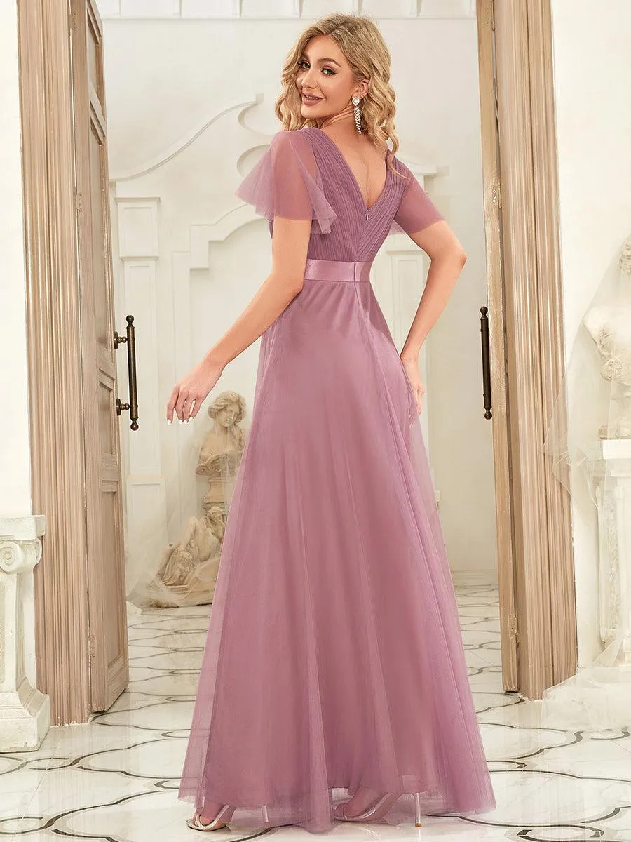Robe demoiselle d'honneur à manches courtes et à double col V pour femmes