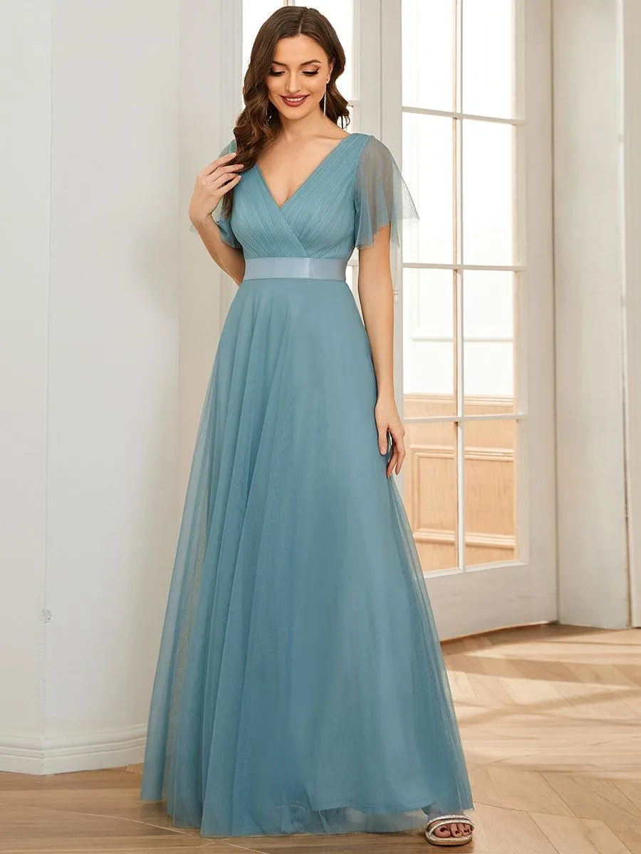 Robe demoiselle d'honneur à manches courtes et à double col V pour femmes