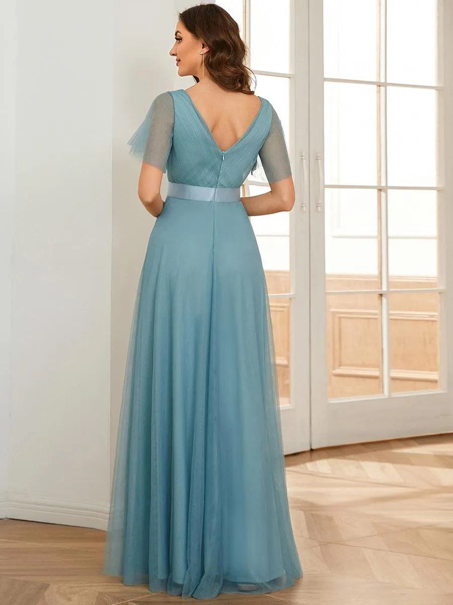 Robe demoiselle d'honneur à manches courtes et à double col V pour femmes