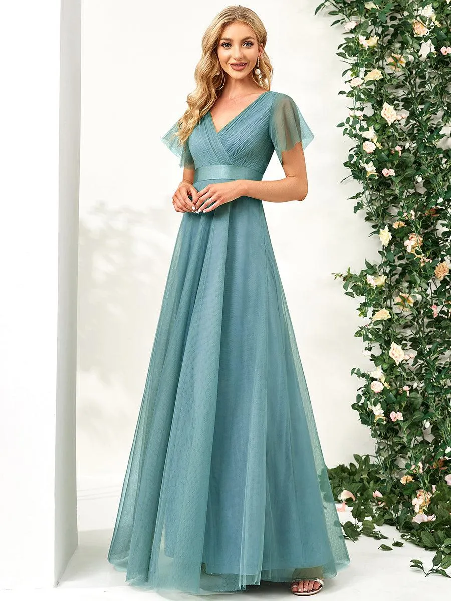 Robe demoiselle d'honneur à manches courtes et à double col V pour femmes