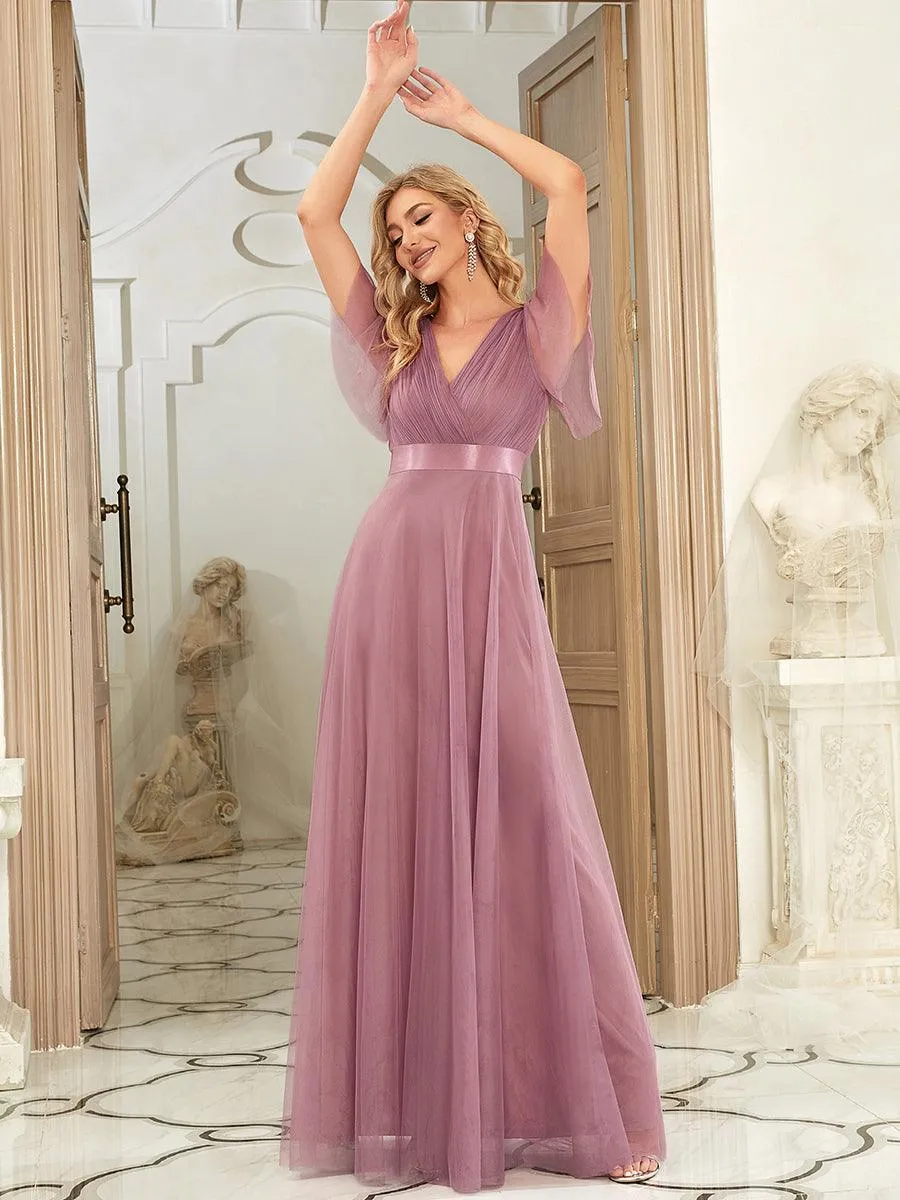 Robe demoiselle d'honneur à manches courtes et à double col V pour femmes