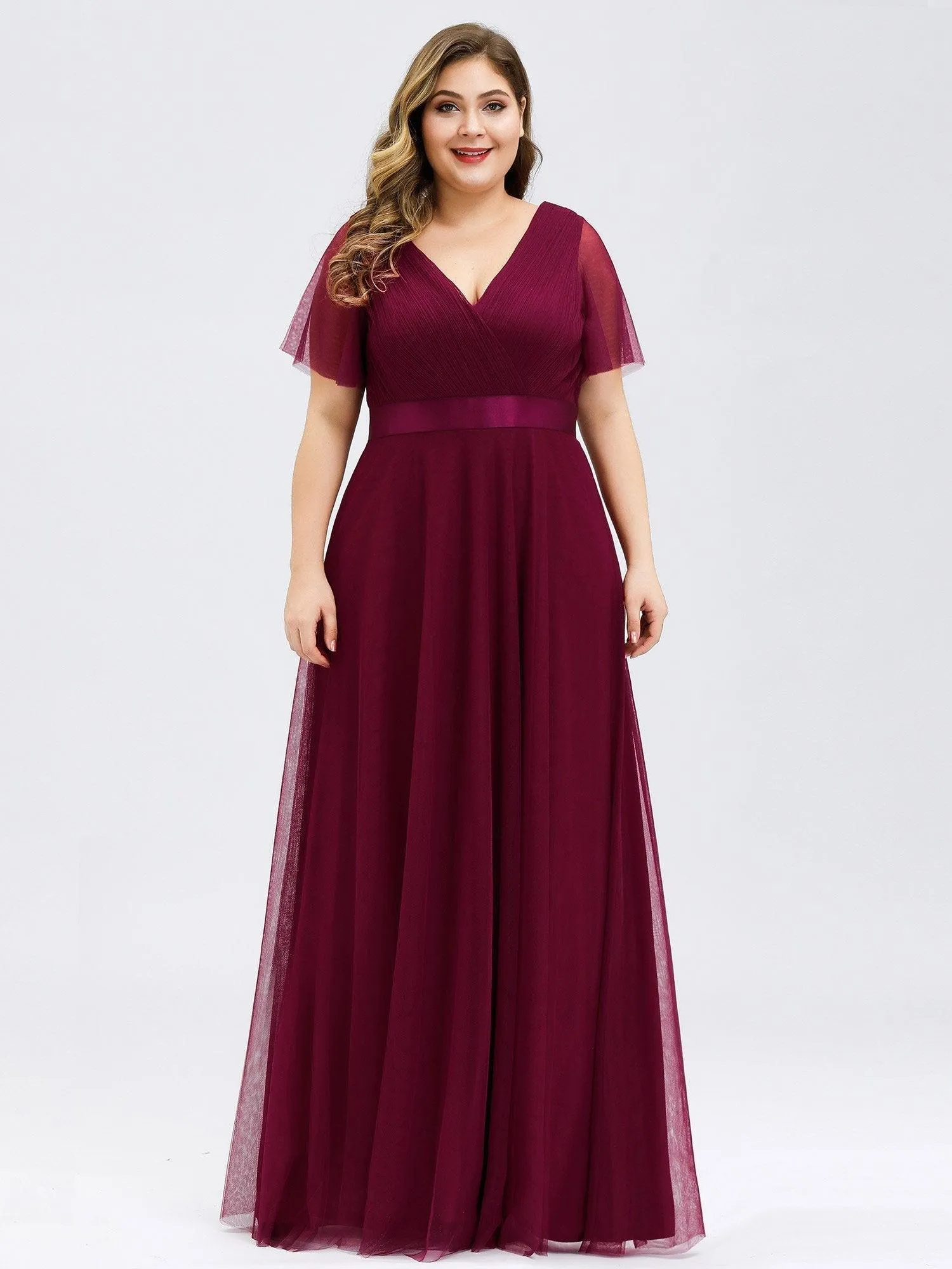 Robe demoiselle d'honneur à manches courtes et à double col V pour femmes
