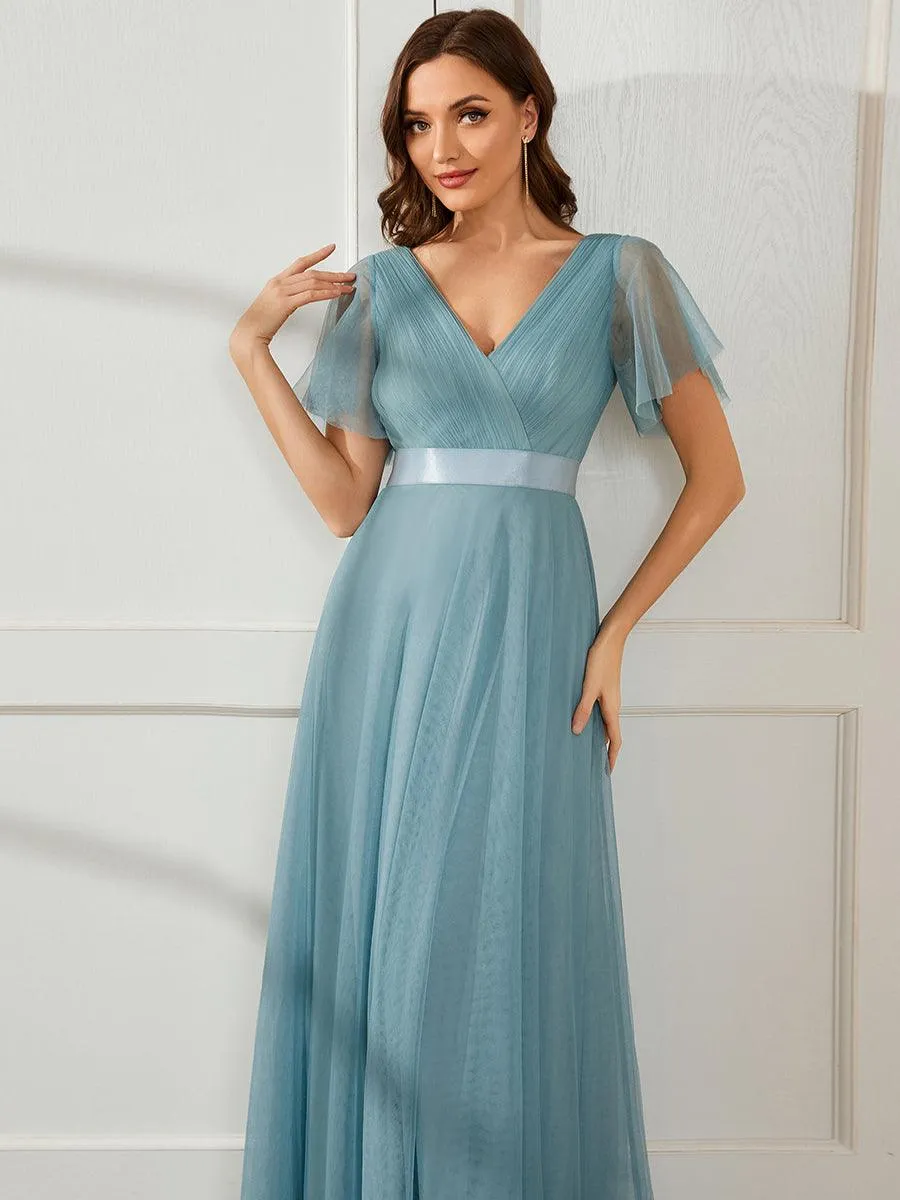 Robe demoiselle d'honneur à manches courtes et à double col V pour femmes
