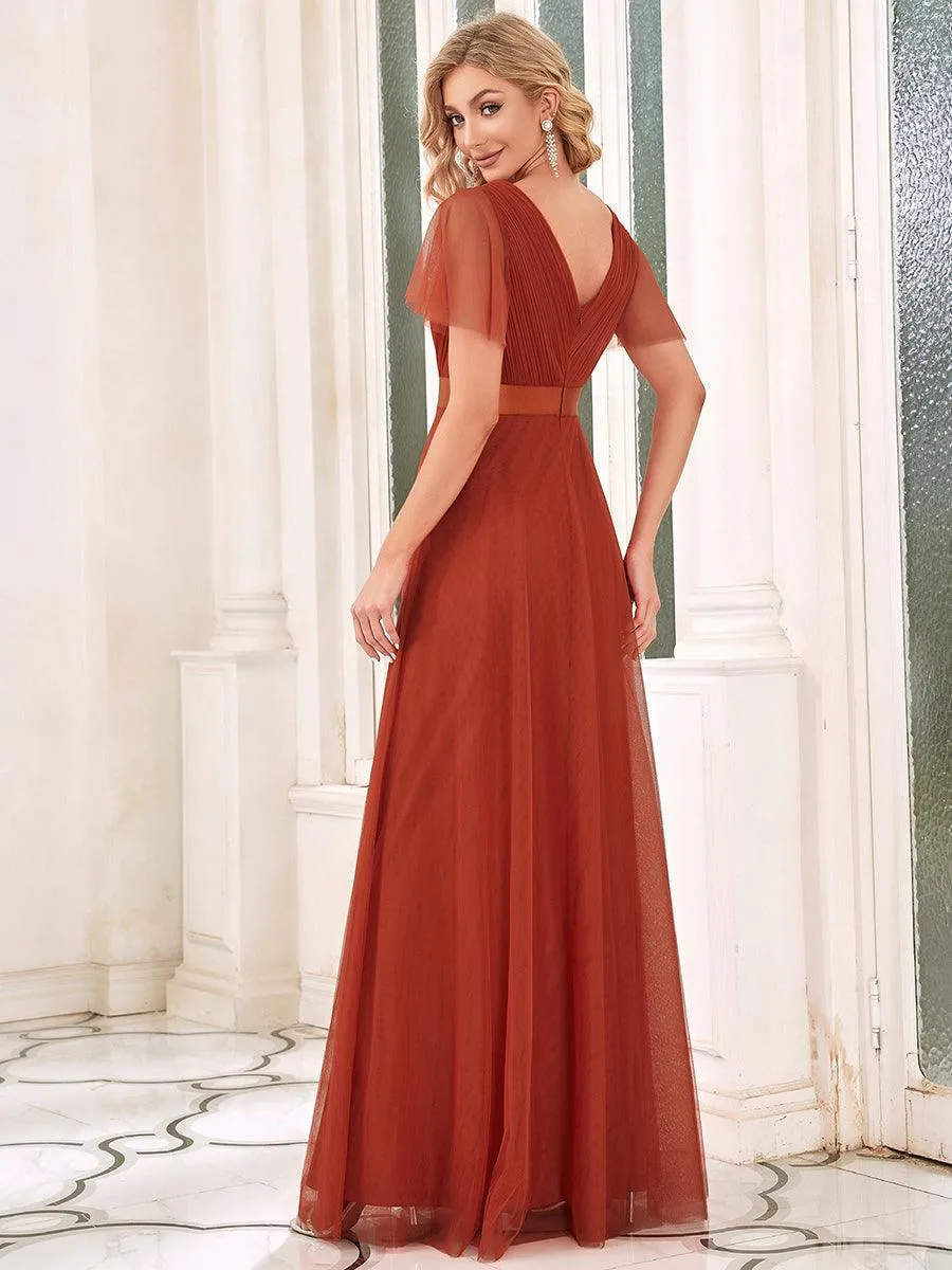 Robe demoiselle d'honneur à manches courtes et à double col V pour femmes