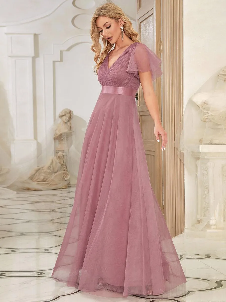 Robe demoiselle d'honneur à manches courtes et à double col V pour femmes