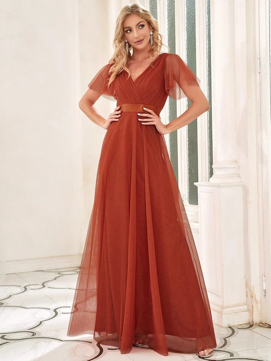 Robe demoiselle d'honneur à manches courtes et à double col V pour femmes