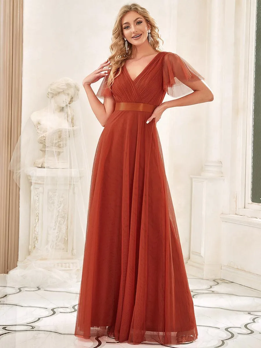 Robe demoiselle d'honneur à manches courtes et à double col V pour femmes
