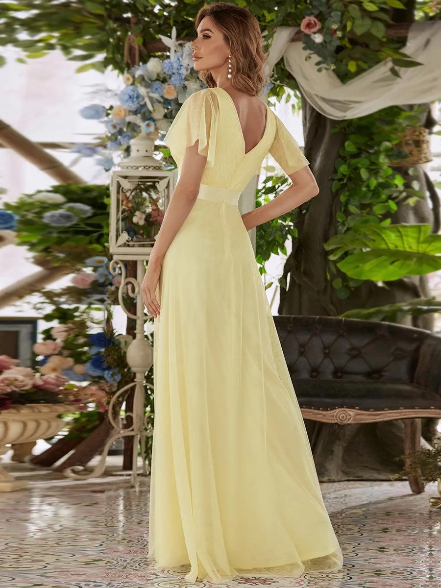 Robe demoiselle d'honneur à manches courtes et à double col V pour femmes
