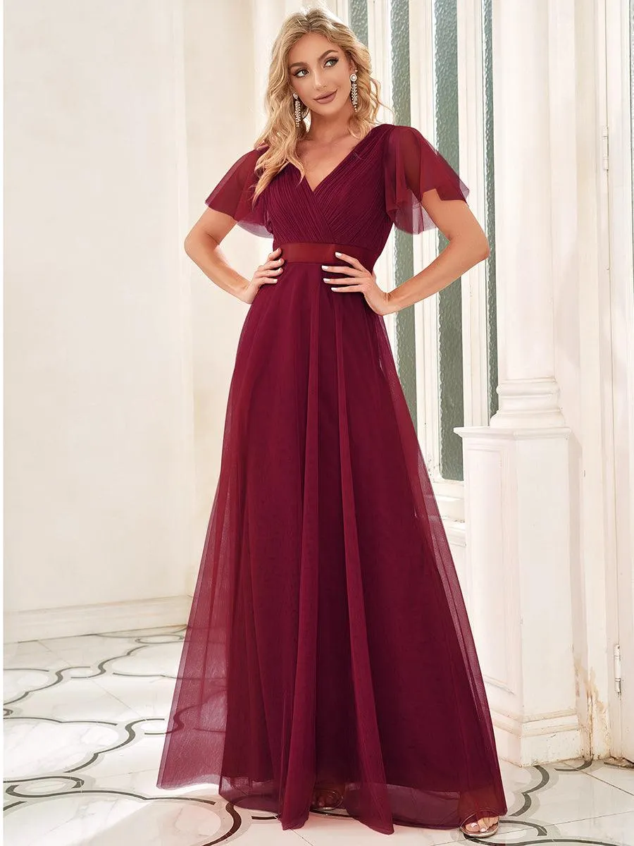 Robe demoiselle d'honneur à manches courtes et à double col V pour femmes