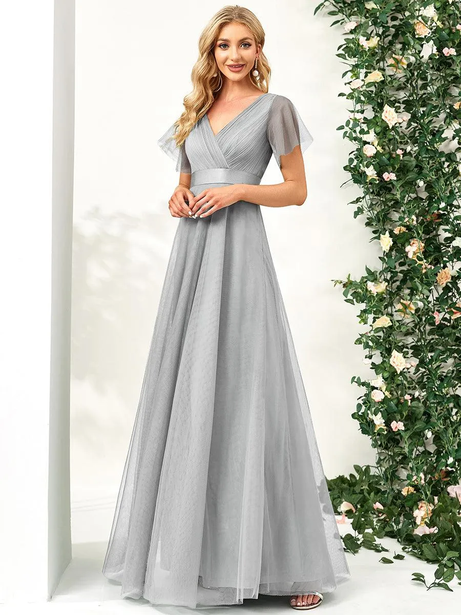 Robe demoiselle d'honneur à manches courtes et à double col V pour femmes
