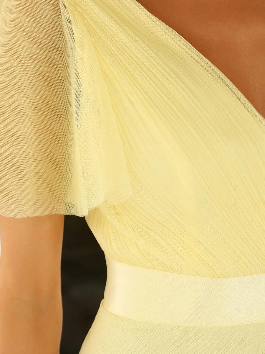 Robe demoiselle d'honneur à manches courtes et à double col V pour femmes