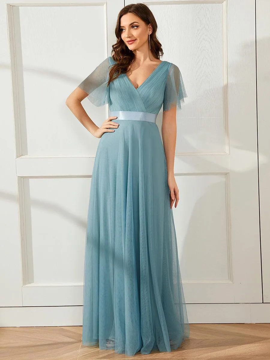 Robe demoiselle d'honneur à manches courtes et à double col V pour femmes