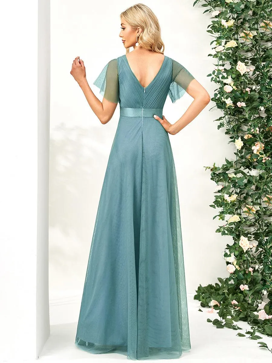 Robe demoiselle d'honneur à manches courtes et à double col V pour femmes