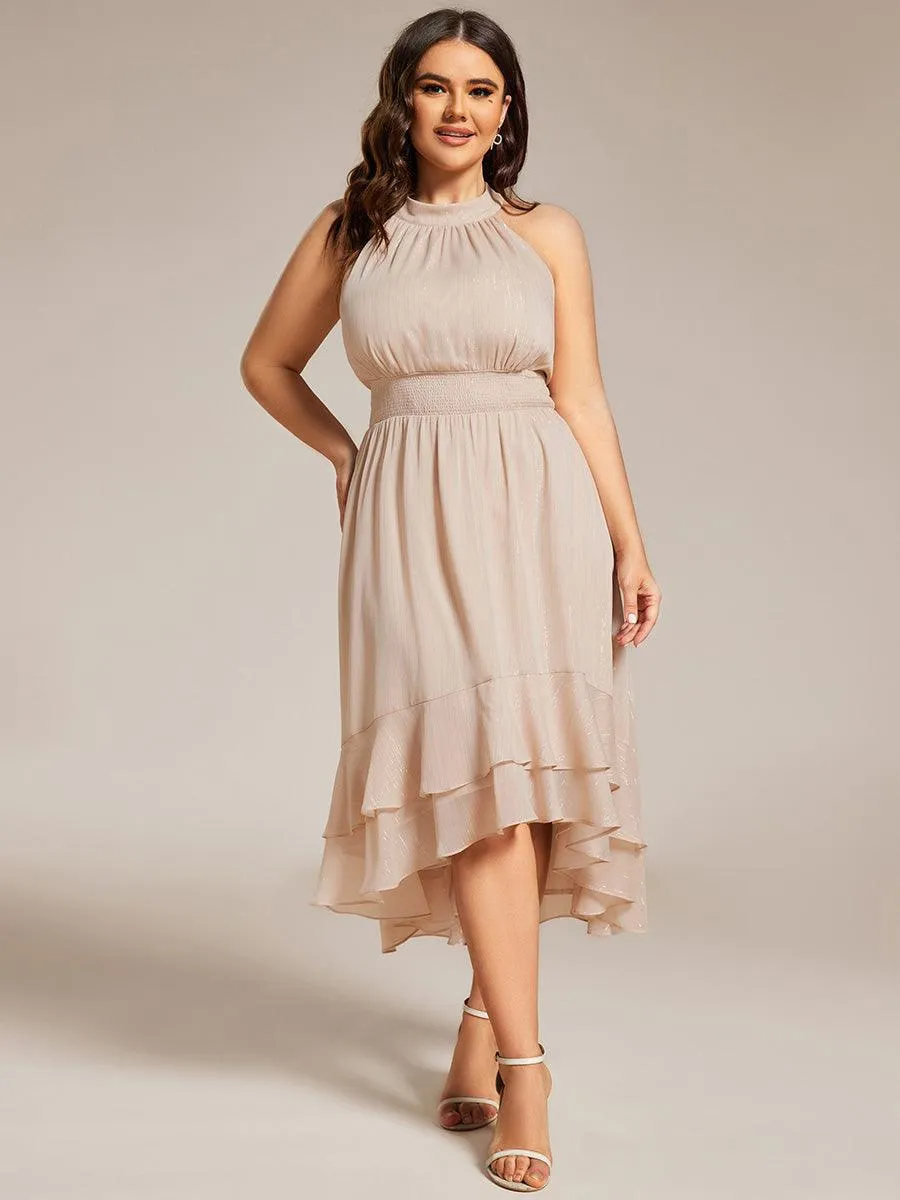 Robe d'invité de mariage plissée à volants haut-bas scintillante à col licou