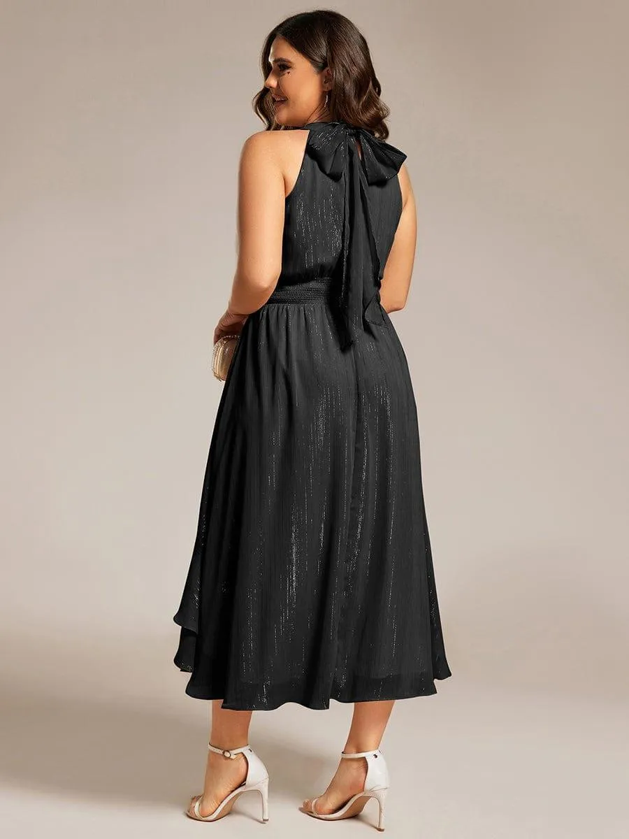 Robe d'invité de mariage plissée à volants haut-bas scintillante à col licou