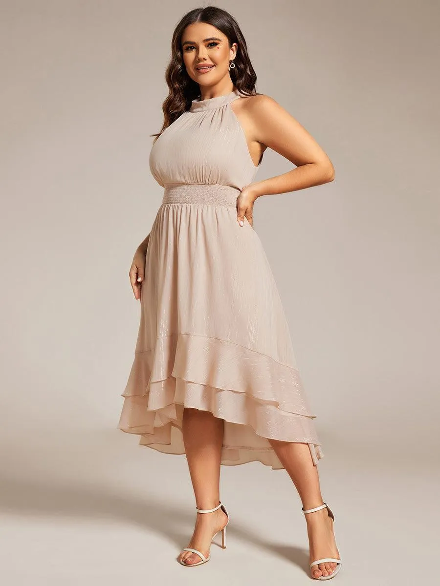 Robe d'invité de mariage plissée à volants haut-bas scintillante à col licou