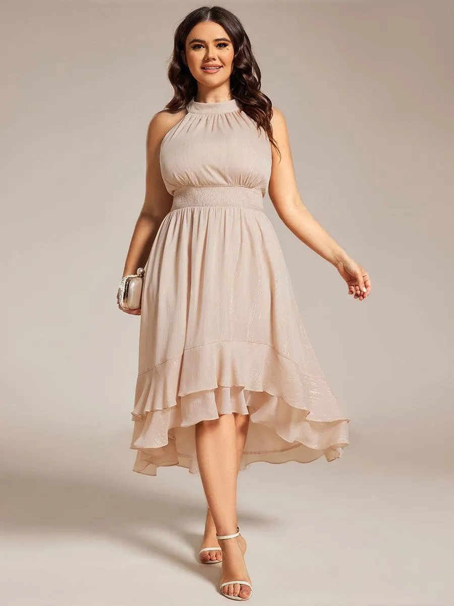 Robe d'invité de mariage plissée à volants haut-bas scintillante à col licou