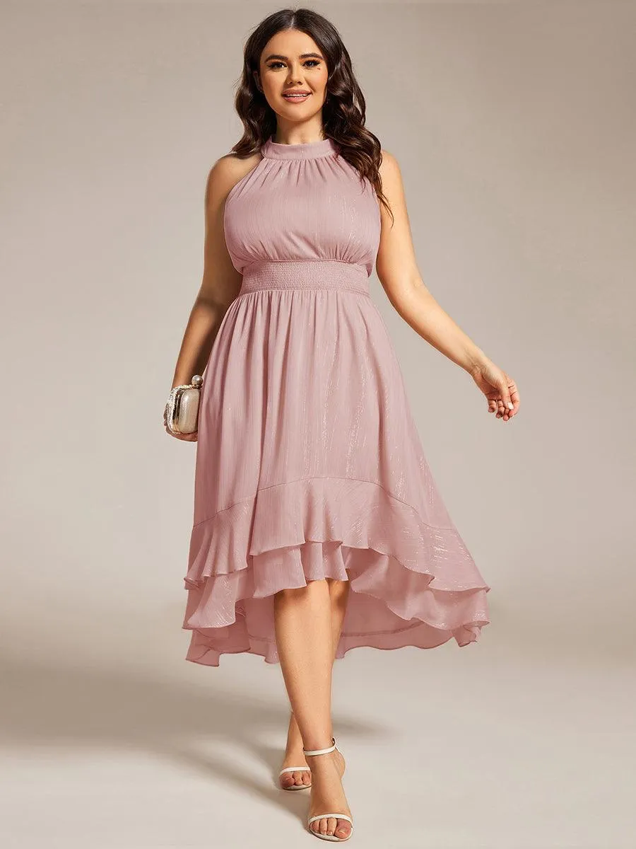 Robe d'invité de mariage plissée à volants haut-bas scintillante à col licou