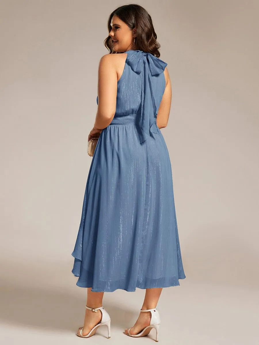 Robe d'invité de mariage plissée à volants haut-bas scintillante à col licou