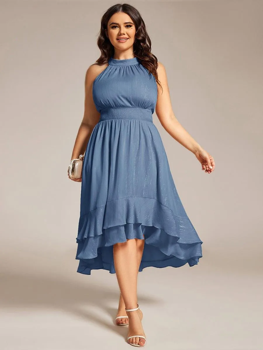 Robe d'invité de mariage plissée à volants haut-bas scintillante à col licou