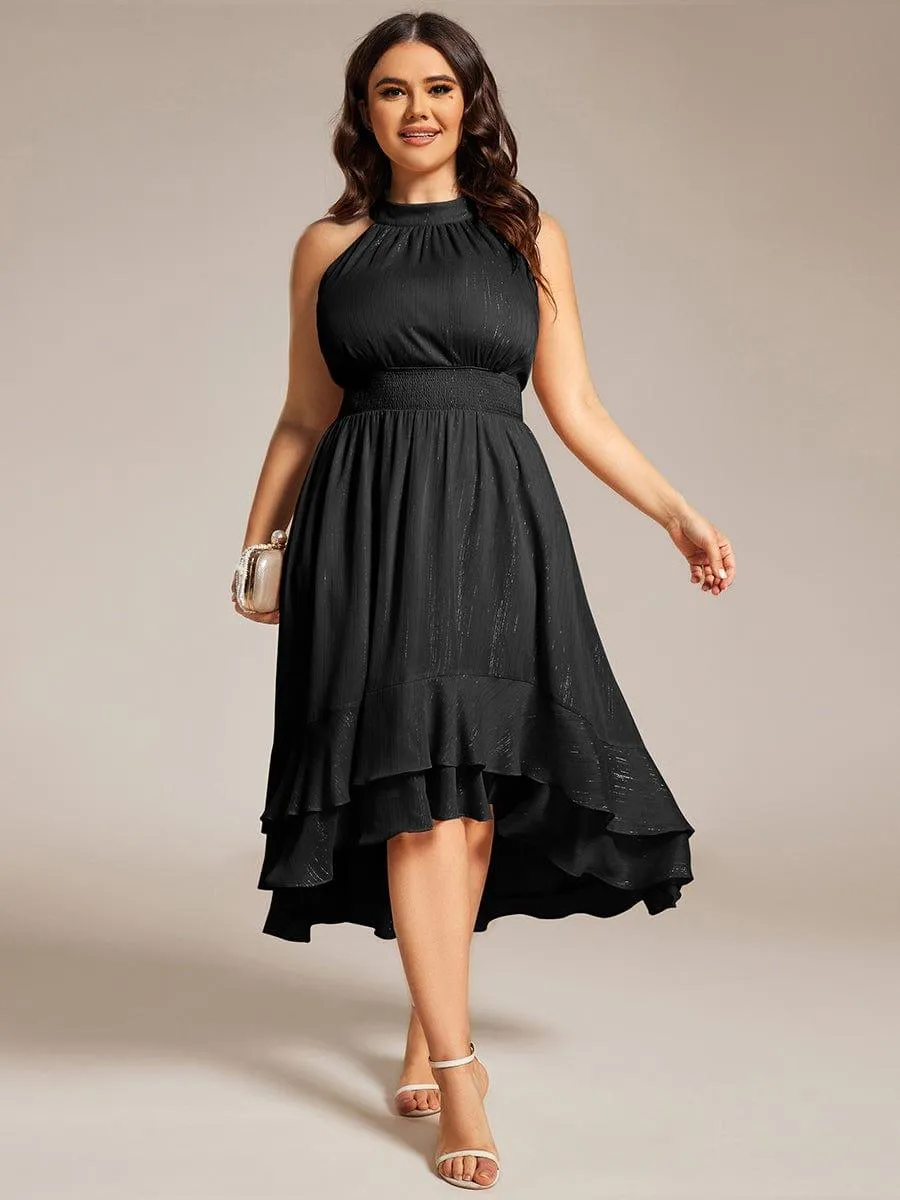 Robe d'invité de mariage plissée à volants haut-bas scintillante à col licou