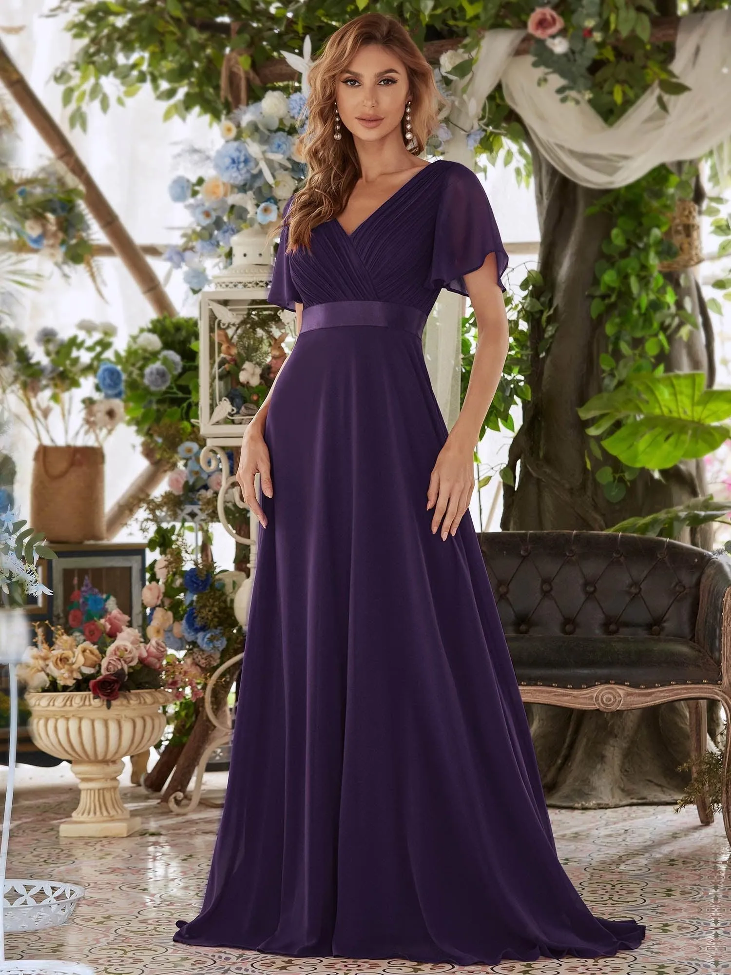 Robe mariage invitée fluide élégante en mousseline à taille haute