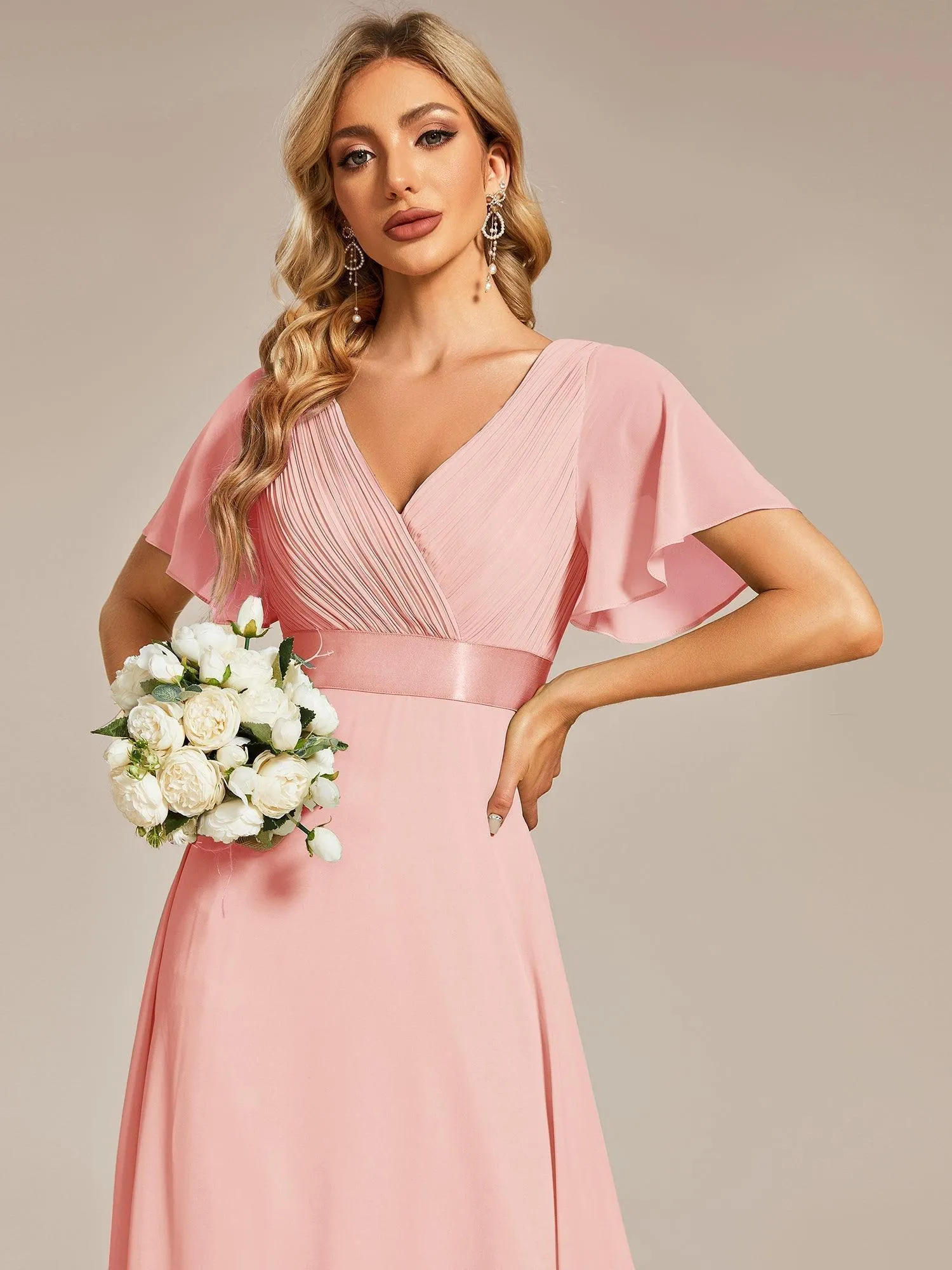 Robe mariage invitée fluide élégante en mousseline à taille haute