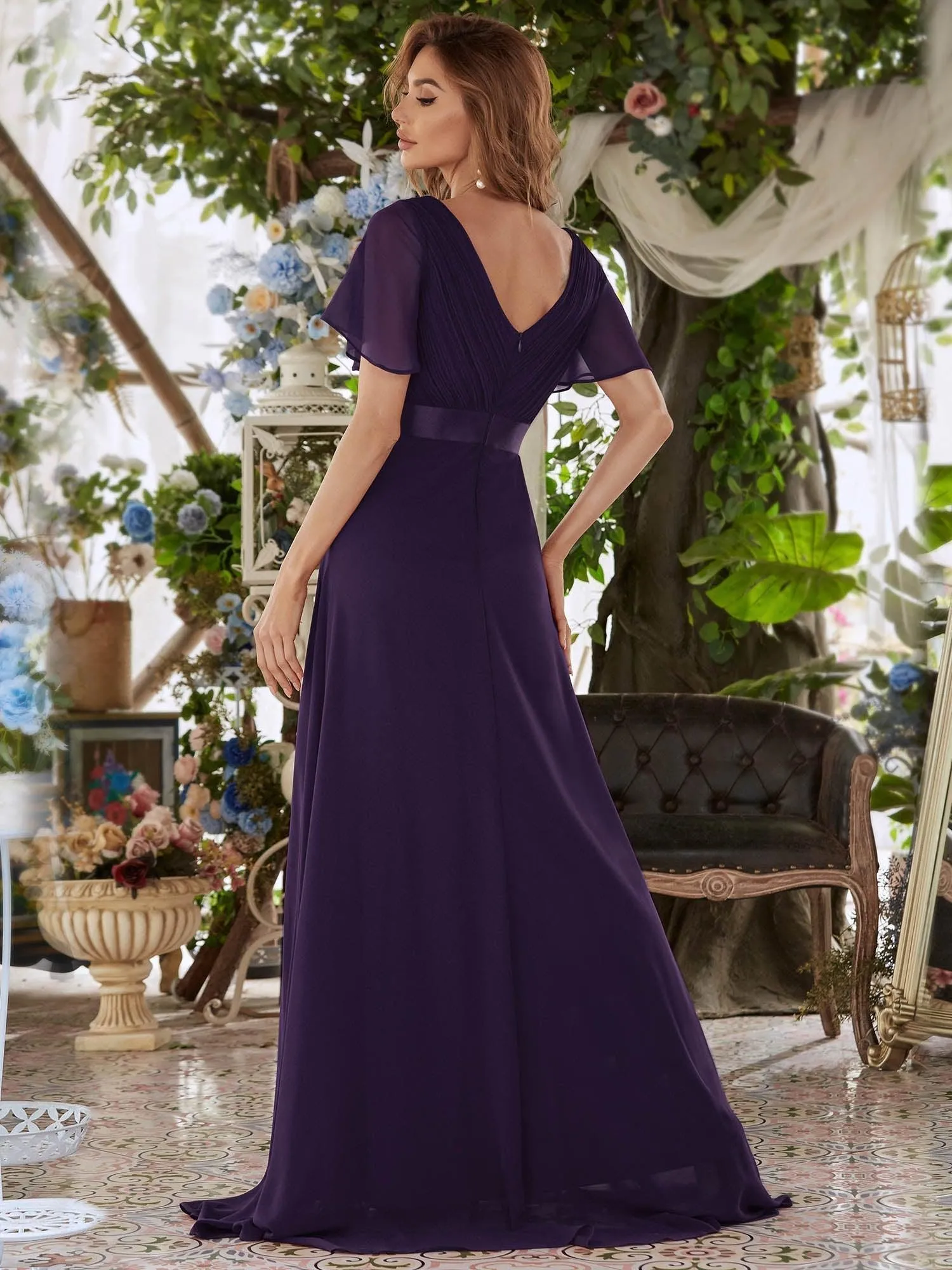 Robe mariage invitée fluide élégante en mousseline à taille haute