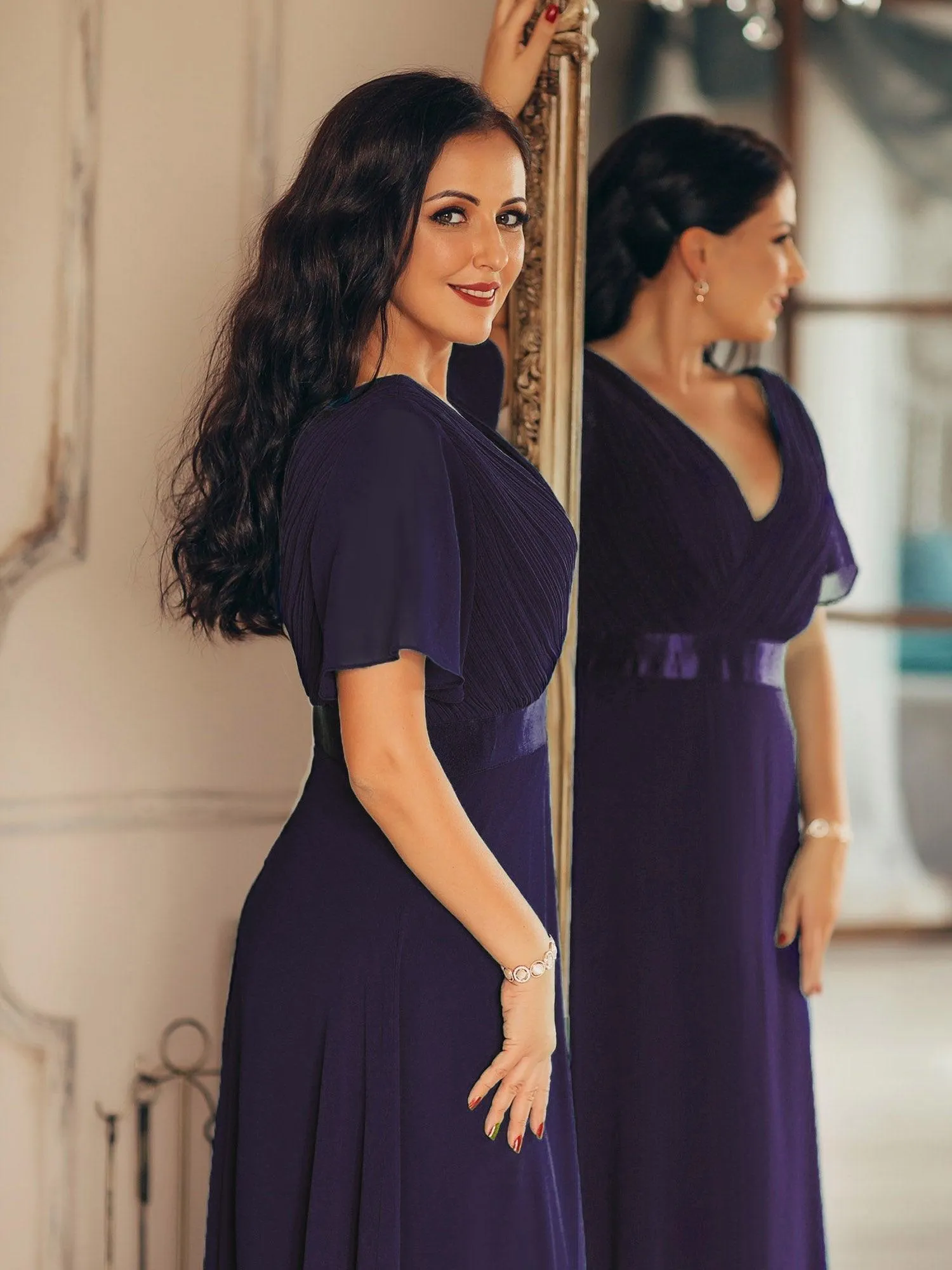 Robe mariage invitée fluide élégante en mousseline à taille haute