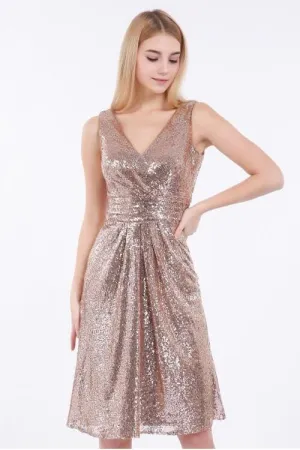 Rose Gold Sequin Short Bridesmaid Dress V-neckline