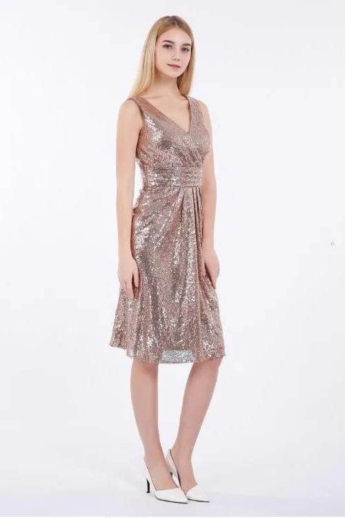 Rose Gold Sequin Short Bridesmaid Dress V-neckline