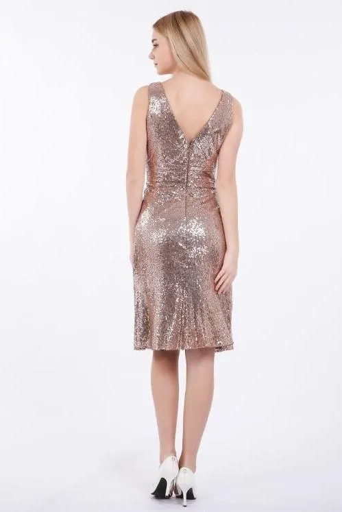 Rose Gold Sequin Short Bridesmaid Dress V-neckline