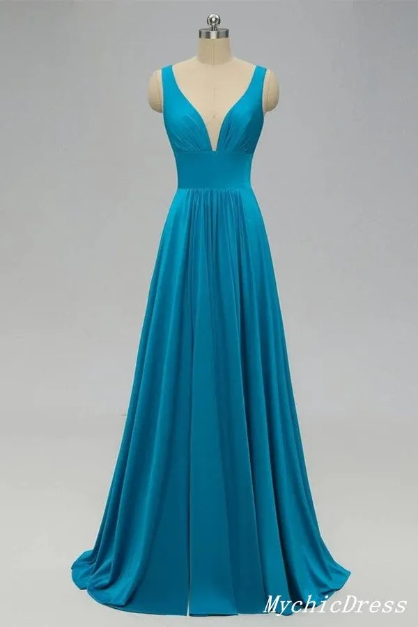 Roycebridal Cheap Blue Long Chiffon Bridesmaid Dresses V Neck with Split