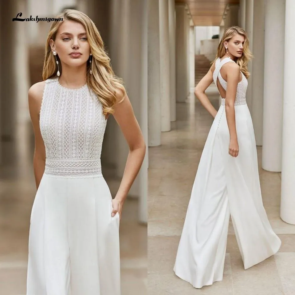 Roycebridal White Wedding Jumpsuit Beach Wedding Dresses O Neck Floor Length Boho Wedding Gowns Outfit Customize lace Robe De Soiree