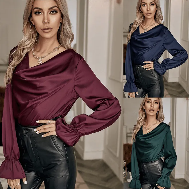 Satin  Cowl Neck Elegant  Blouses