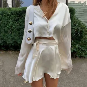 Satin Solid Lantern Sleeve Top & Shorts Set