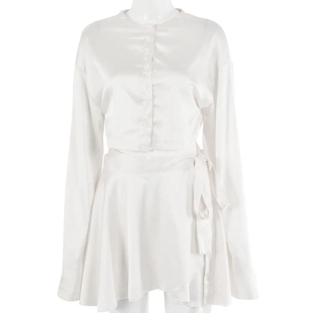 Satin Solid Lantern Sleeve Top & Shorts Set