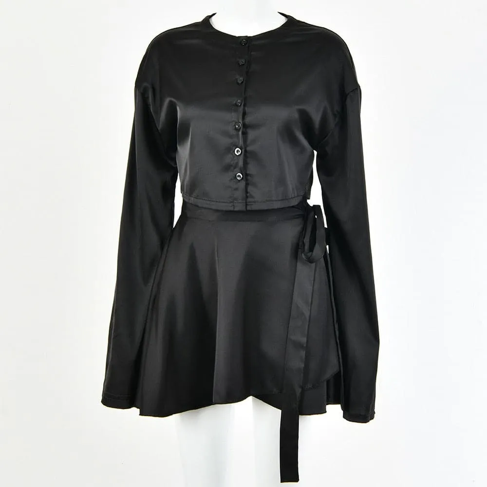 Satin Solid Lantern Sleeve Top & Shorts Set