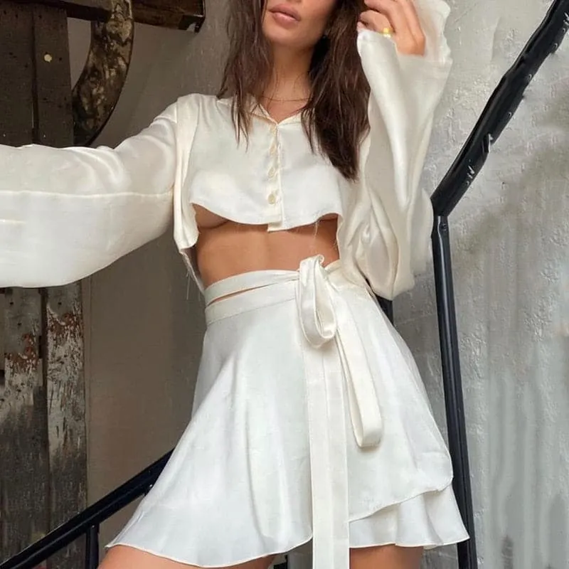 Satin Solid Lantern Sleeve Top & Shorts Set