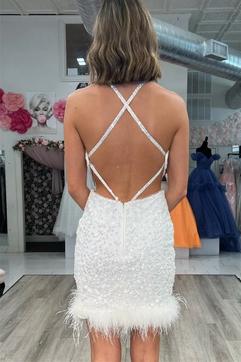 Sequins Sheath Halter Straps Homecoming Dresses with Feathers
