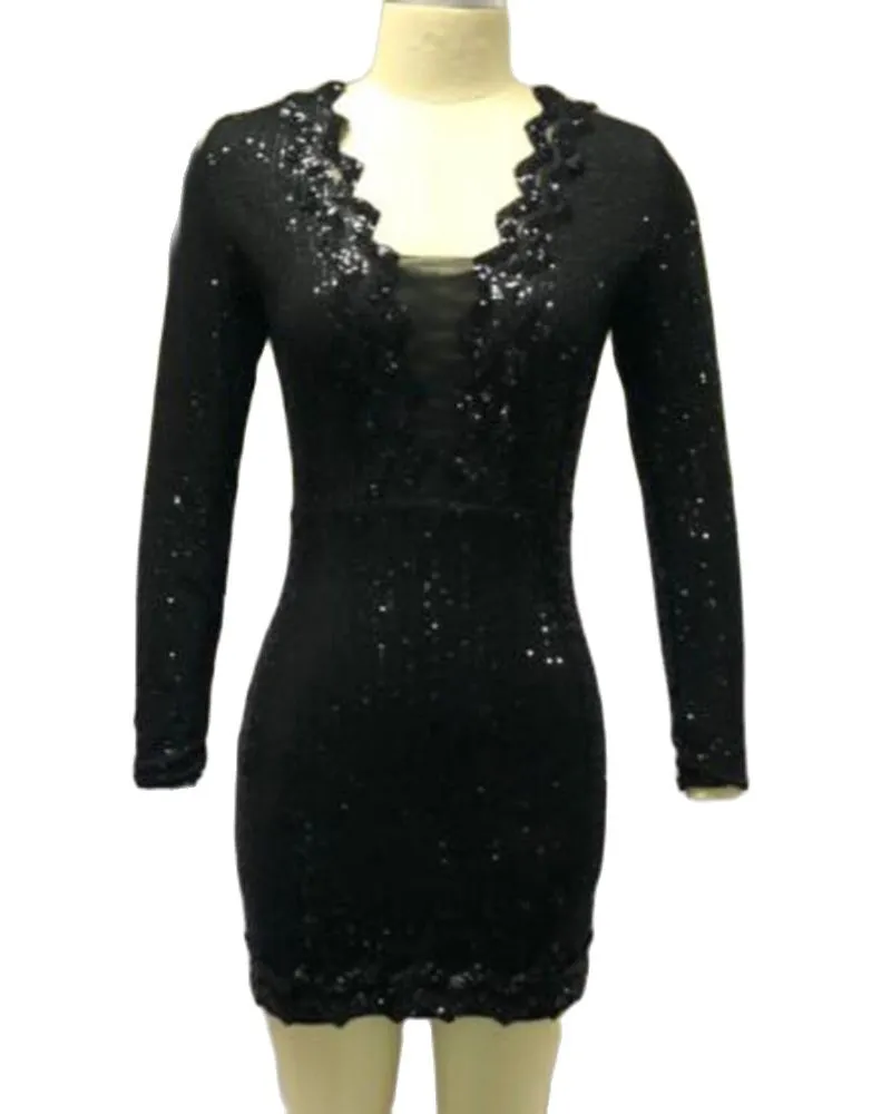 Sequins Sheer Mesh Long Sleeve Dress