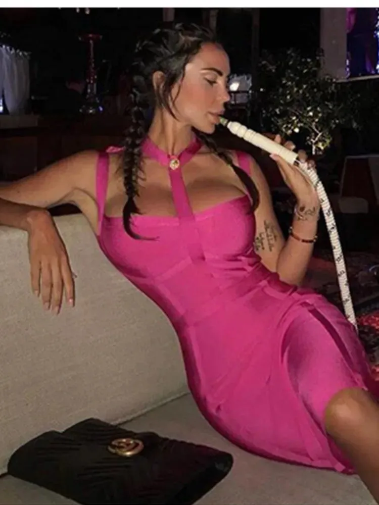 Sexy Cut Out Button Stretchy Elastic Bandage Dress