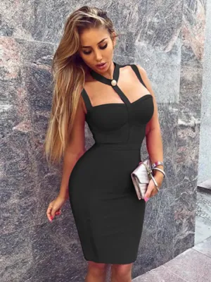 Sexy Cut Out Button Stretchy Elastic Bandage Dress