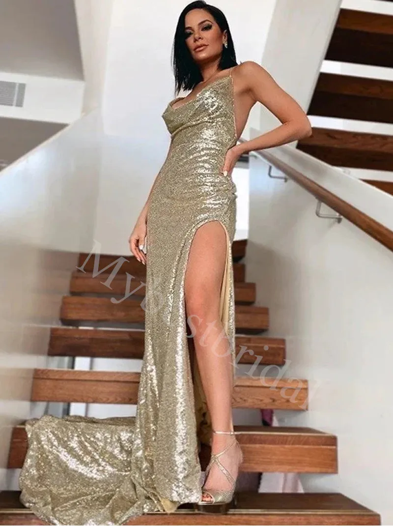 Sexy Halter Sleeveless Side slit Sheath Prom Dresses,PDS0805