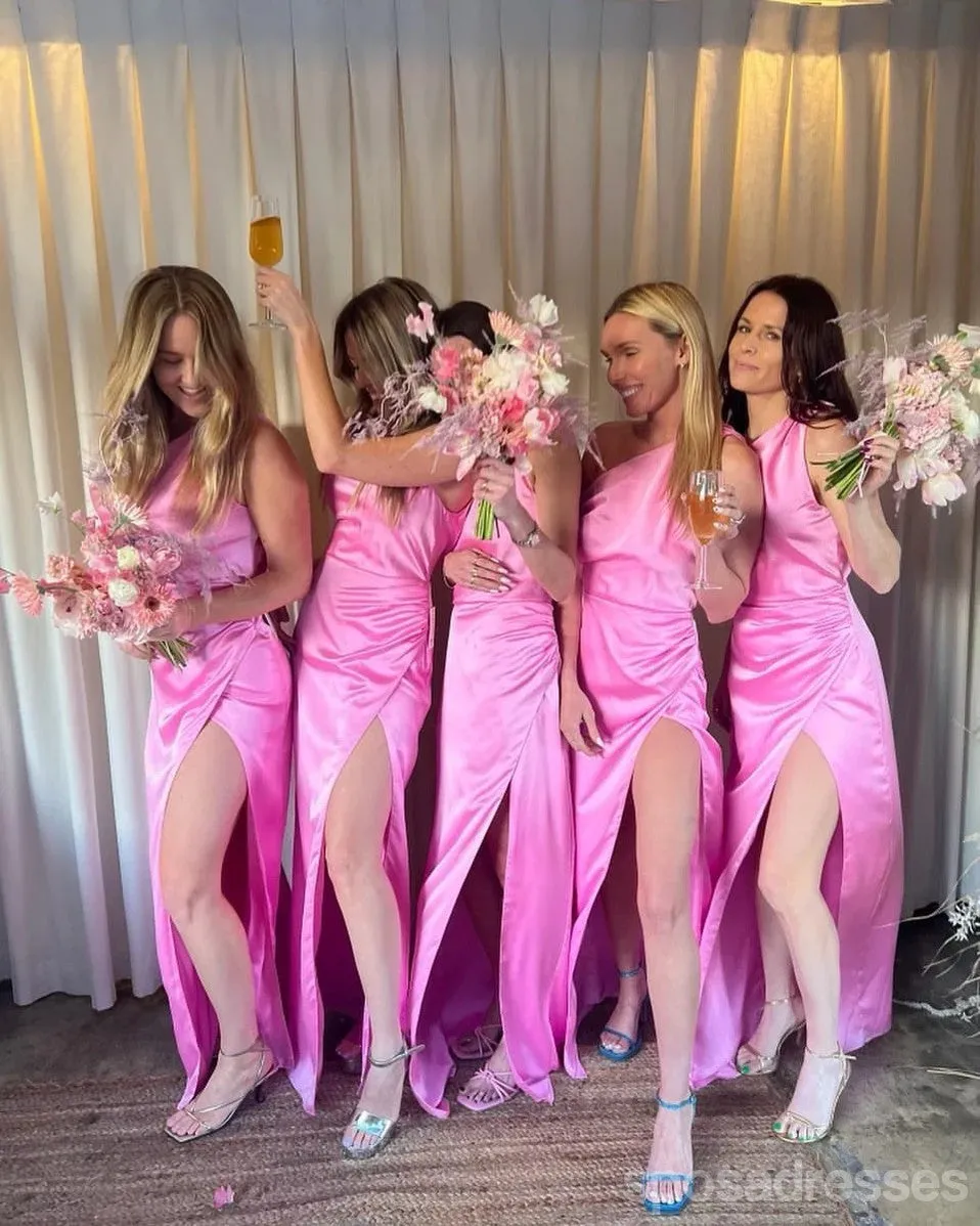 Sexy Pink Sheath One Shoulder Maxi Long Bridesmaid Dresses For Wedding Party Online,WG1817