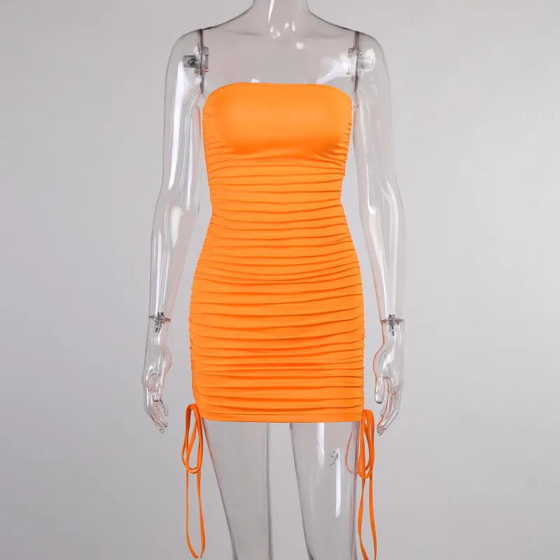 Sexy Strapless Ruched Orange Backless Party Night Club Summer Mini dress