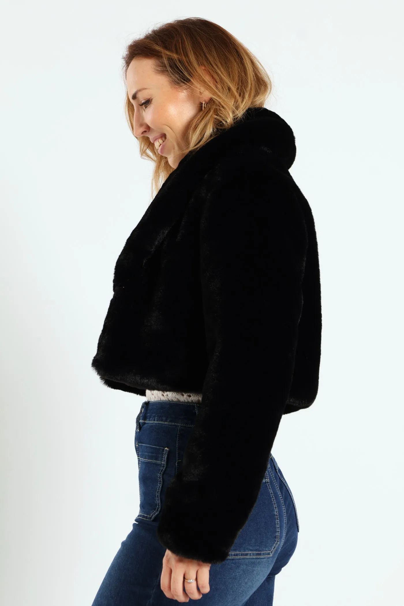 Shawl Collar Fur Coat - Black