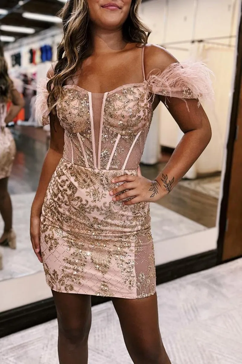 Sheath Off-Shoulder Feathers Appliques Lace-Up Homecoming Dresses