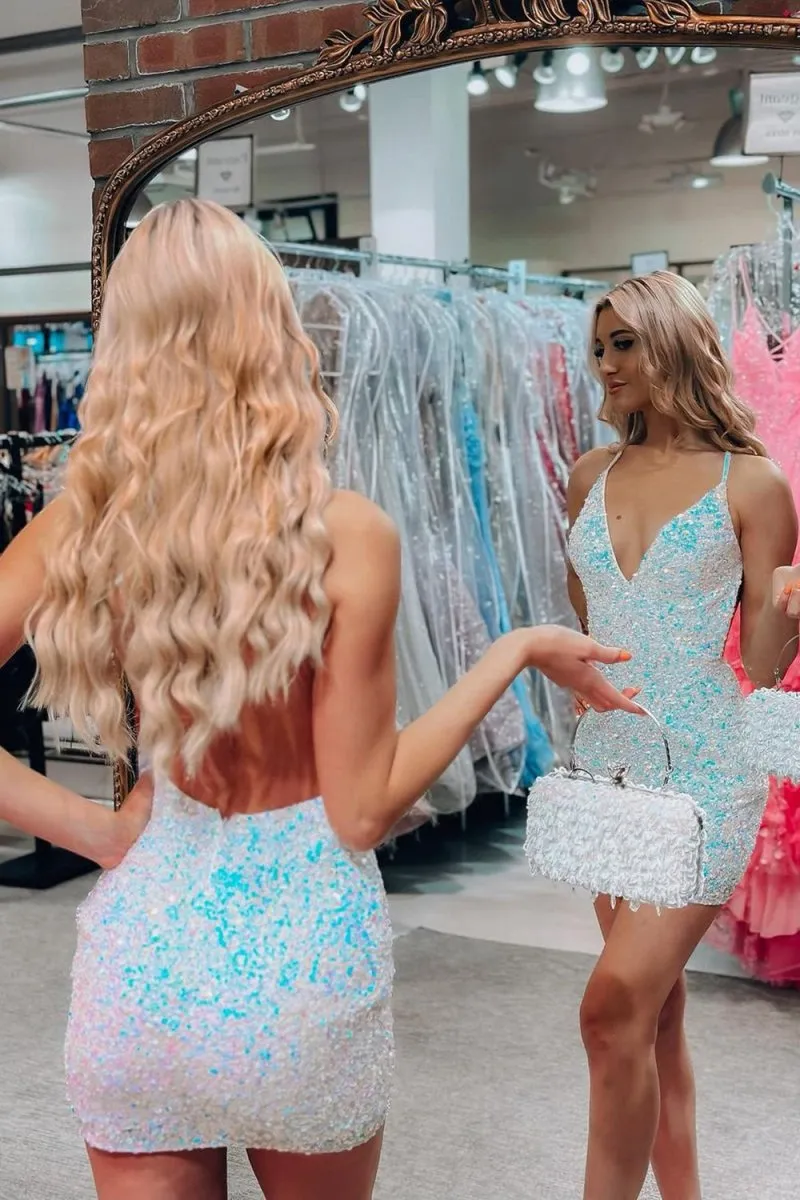 Sheath Spaghetti Straps Sequins Homecoming Dresses