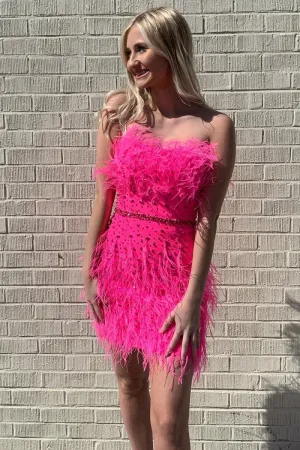 Sheath Strapless Feathers Short Homecoming Dresses with Beaded Belt